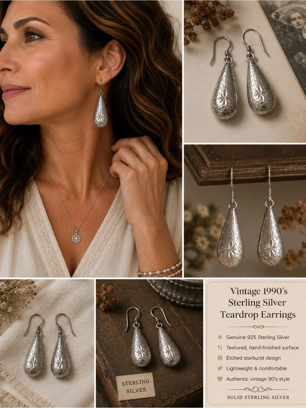 Vintage Silver Teardrop Earrings with Star Engraving